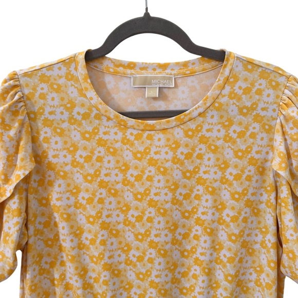 Michael Kors Floral Short-Sleeve Shirt Blouse Tulip Sleeves Yellow White Sz L - Picture 2 of 8